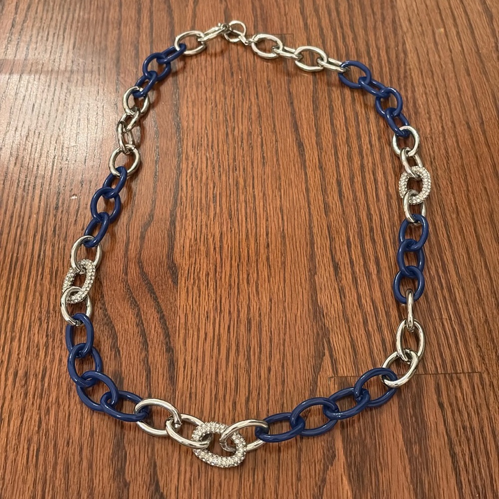 Link Chain - Navy Laquer, Silver and Rhinestone Statement Necklace - Long Chain